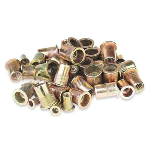 90 Piece Mixed Zinc Plated Carbon Steel Flat Head Rivet Nut Kit With M3 M4 M5 M6 M8 M10 Thread Sizes In Gold Finish Pro Grade Heavy Duty Rivet Nuts