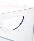 Close-up of Stackable Open Front Kitchen Storage Bin With Handles Clear Plastic Organizer, see-through design, durable material.
