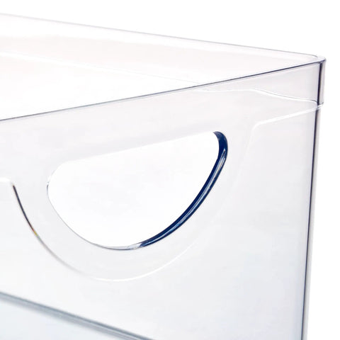 Close-up of Stackable Open Front Kitchen Storage Bin With Handles Clear Plastic Organizer, see-through design, durable material.