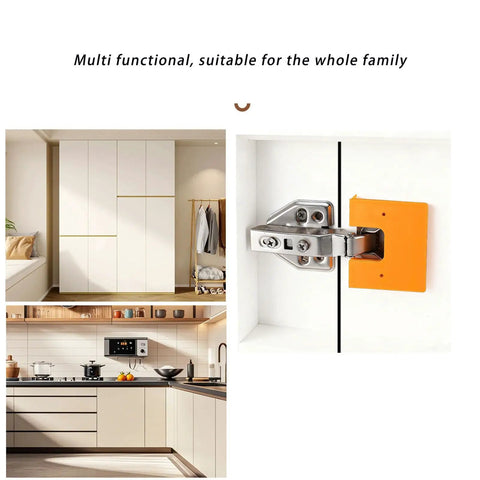Metal cabinet hinge with orange safety cover installed on white cabinet, showing open and close mechanism.