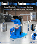 Heavy Duty Air Hydraulic Toe Jack Handles Rock Solid 20 Ton Top Lift Loads And Smooth 10 Ton Toe Raises For Low Clearance Equipment And Tough Shop Grunt Work Daily Tasks with dual capacity details.
