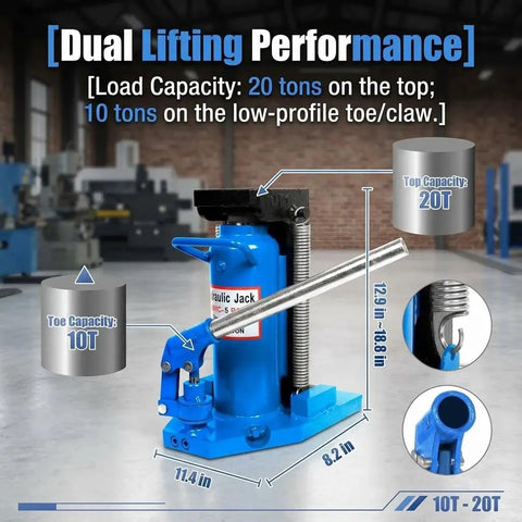 Heavy Duty Air Hydraulic Toe Jack Handles Rock Solid 20 Ton Top Lift Loads And Smooth 10 Ton Toe Raises For Low Clearance Equipment And Tough Shop Grunt Work Daily Tasks with dual capacity details.