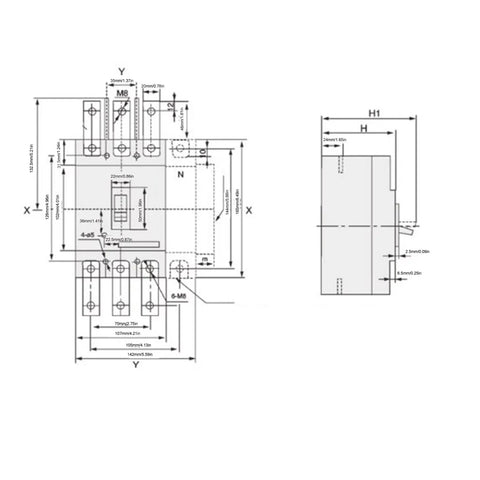 Technical diagram of a Two Pole 160 Amp Direct Current Miniature Circuit Breaker 20kA Short-Circuit Capacity 1000V