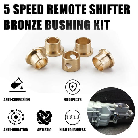 Five Piece Shifter Bushing Kit Direct Fit For Ford Mustang 2005 2010 TR3650 T5 WC Bronze Bushings Delivers Smooth Shifts And Tight Gear Feel For V6 And GT Durable Bronze Construction. 5-piece bronze shifter bushings shown with transmission install