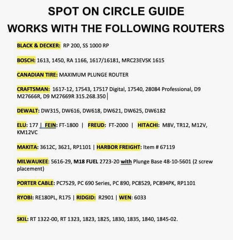 Compatibility list for Circle Cutter Router Jig for precise circle cuts from seven to fifty two and three quarters inches