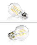60W Equivalent E26 LED Filament Light Bulbs A19 Not Dimmable Daylight White 4000K With Classic Clear Glass And 80 Plus CRI, Energy Saving LED Bulbs, 12 Pack, front and side view of two bulbs.