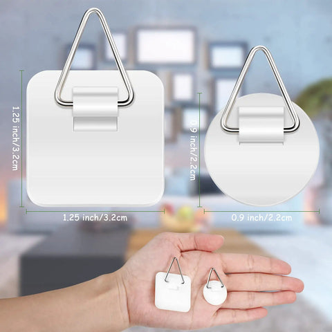 Hand holding 60 Piece Adhesive Plate Hangers No Nail Invisible Sticky Hooks, round and square shapes shown