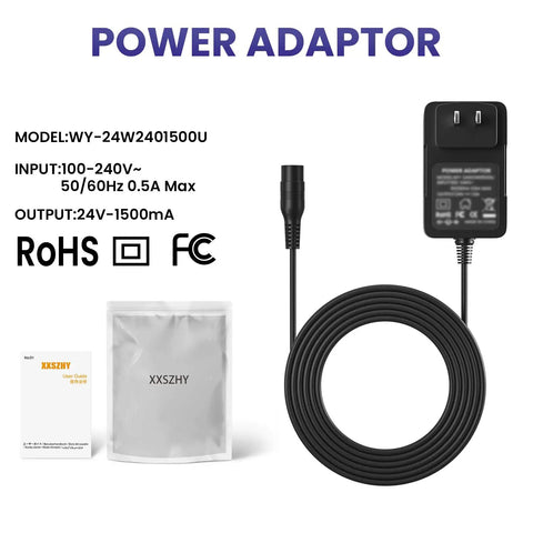 24V Electric Scooter Charger For Razor E100 E125 E150 E175 E200 E300 And More with inline power cord and specifications.
