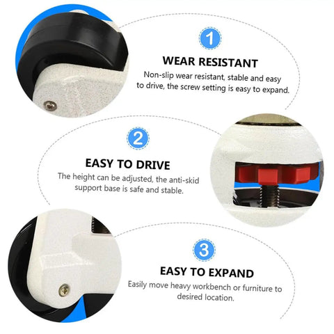 Universal Adjustable Swivel Casters With Leveling Feet And Flat Base For Heavy Duty Rig No Fuss Install showing wear-resistant non-slip wheels.