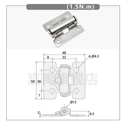 Diagram and image of Stainless Steel Pivot Hinge With Torque Friction Damping And Free Stop For Cabinets Closets Shoe Cabinets And Doors No Squeak Smooth Motion Durable Positioning Door Hardware Hfk01-50, showing dimensions and hinge design.