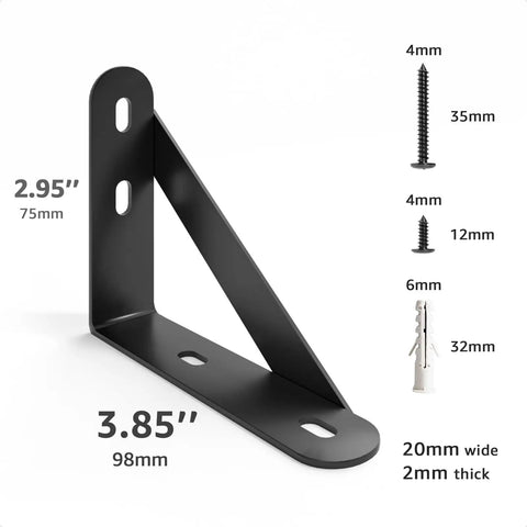 Heavy Duty Steel Wall Mount Shelf Brackets 4x3 Inch Black L Brackets With Screw Anchor Kit dimensions showing 2.95 inch and 3.85 inch sizes.