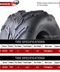 Go Kart Tire Set Four Front 145/70-6 And Rear 16x8-7 With Fox Like Directional Tread For Mud Snow And Sand 4 Ply Durable Puncture Resistant Tires Only, detail view of tread and specifications