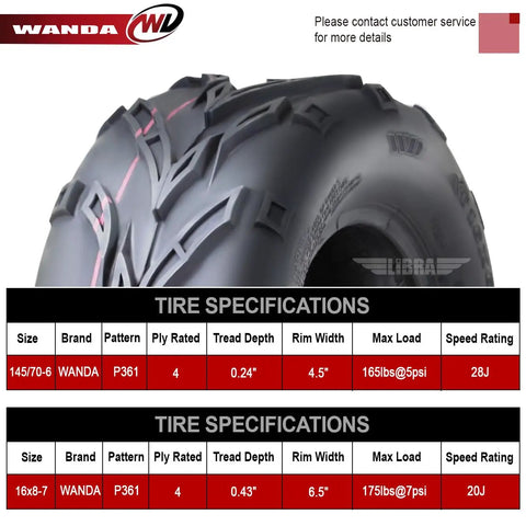 Go Kart Tire Set Four Front 145/70-6 And Rear 16x8-7 With Fox Like Directional Tread For Mud Snow And Sand 4 Ply Durable Puncture Resistant Tires Only, detail view of tread and specifications