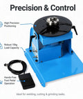 Boss Level Rotary Welding Positioner With Variable Speed Foot Switch And Zero To Ninety Degree Tilt Table For Smooth Pipe Fabrication Work 10Kg Capacity, blue rotary positioner with foot pedal.