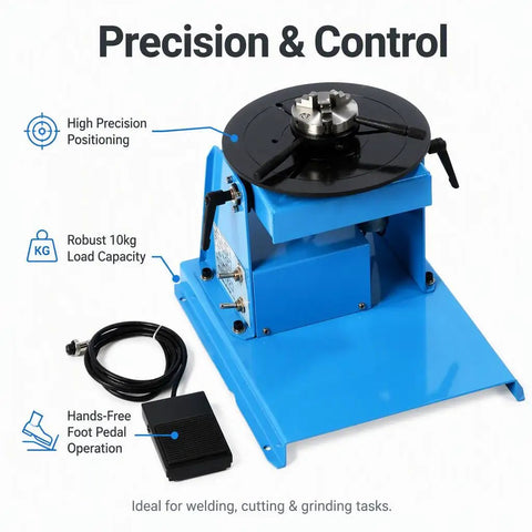 Boss Level Rotary Welding Positioner With Variable Speed Foot Switch And Zero To Ninety Degree Tilt Table For Smooth Pipe Fabrication Work 10Kg Capacity, blue rotary positioner with foot pedal.