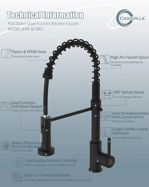 Black Kitchen Faucet With Soap Dispenser And Pull Down Sprayer No Frills Single Handle Stainless Steel RV Camper Farmhouse Sink Tap showcasing features.
