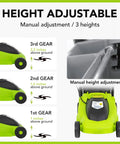 Corded Electric Lawn Mower 12 Amp Grass Cutter height adjustment settings and gear positions with display images