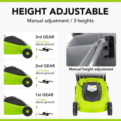Corded Electric Lawn Mower 12 Amp Grass Cutter height adjustment settings and gear positions with display images