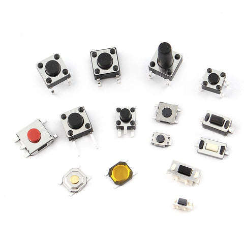Assorted switches from 125 Piece Tactile Switch Kit With 25 Value Micro Momentary Push Button Switches For SMD And DIP Use