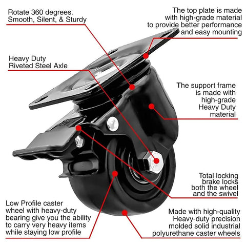 Badass Heavy Duty Polyurethane Caster Wheels With Total Locking Brake Double Ball Bearing Industrial Grade Solid Low Profile Butter Smooth Silent Roll Two Thousand Pound Capacity Pack Of Four detailed view showing heavy-duty riveted steel axle and braking mechanism.