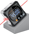 Digital Angle Finder With Laser And Magnetic Cube Protractor For Woodworking, backlit display showing 45 degrees, sitting on a gray surface.