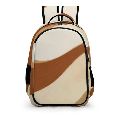 Front view of Earth Tone Abstract Curve Art Backpack for Men and Women, dope large capacity daypack with sturdy zippers.