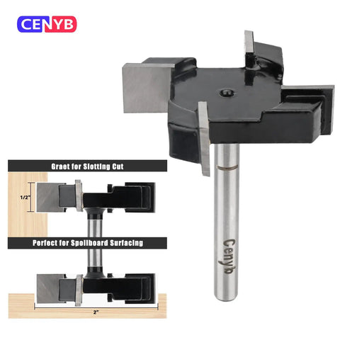 Pro Grade 4 Flute CNC Spoilboard Surfacing Router Bit With 1 Quarter Inch Shank And 2 Inch Cutting Diameter Anti Kickback Design 89 HRC YG8 Tipped Includes Router Collet For Precision Woodworking, shown from side angle with dimensions.