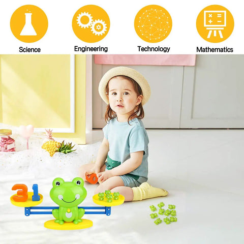 Tot Approved Montessori Math Learning Kit Featuring Dope Frog Shaped Pieces To Boost Preschool Numeracy Foundation, kid playing with frog scale.