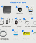 Components of 300 Degree Pan 90 Degree Tilt Security Camera System With Human Auto Tracking, including NVR, PoE cameras, and cables.