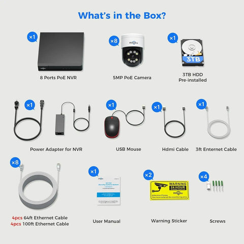 Components of 300 Degree Pan 90 Degree Tilt Security Camera System With Human Auto Tracking, including NVR, PoE cameras, and cables.