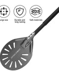 Perforated Pizza Peel With Long Handle 6 Inch Metal Spatula For Indoor And Outdoor Use Anodized Aluminum Surface, side view.