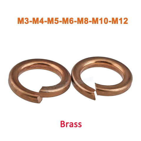 Image of brass spring lock washers for M3 to M12 fasteners, split lock gasket keeps bolts from loosening under vibration.