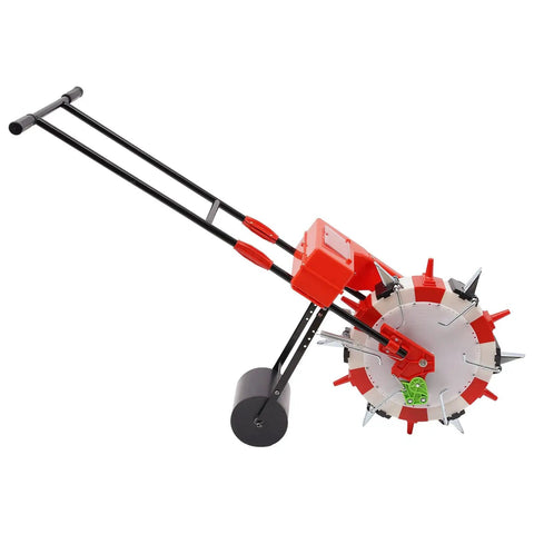 Hand Push Seed Planter With Six Nozzles, Roller Seeding Machine for row crops with red and black design