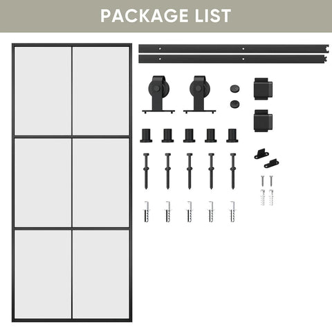 36x84 Inch Glass Sliding Barn Door Kit With 6Ft Hardware Black Aluminum Frame Clear Tempered Glass 3 Panel