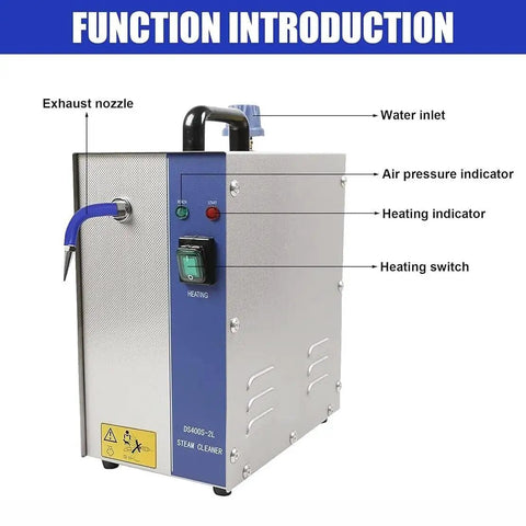 Professional Jewelry Steam Cleaner Machine 2L Capacity Stainless Steel Gem Washer showing control panel and exhaust nozzle.