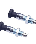 Pair Of M12 Push Fit Ball Nose Spring Plungers Carbon Steel Self Locking Locate Pins with black tops for industrial setups.