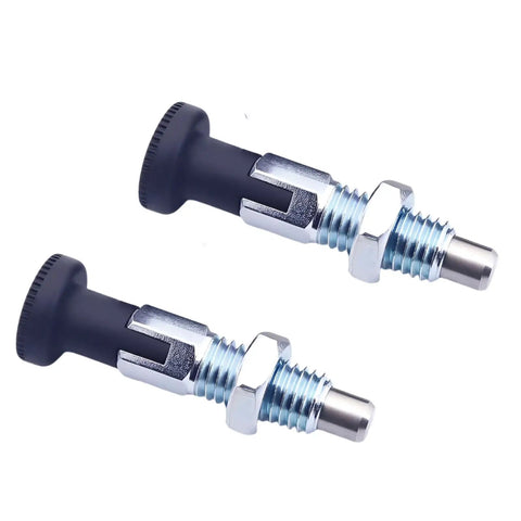 Pair Of M12 Push Fit Ball Nose Spring Plungers Carbon Steel Self Locking Locate Pins with black tops for industrial setups.