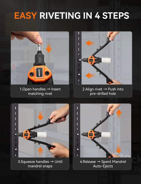Pro Rivet Gun Kit With Drill Bits And Magnetic Wristband Heavy Duty Two Handed Riveter For Metal Gutters Auto Work use steps