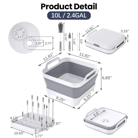 Collapsible Baby Bottle Wash Basin With Built In Drying Rack And Lid Portable 2.4 Gallon Dish Tub dimensions and components