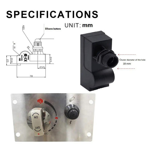 Electric Push Button Spark Igniter Replacement Kit For Fire Pit Burner System with dimensions and components displayed
