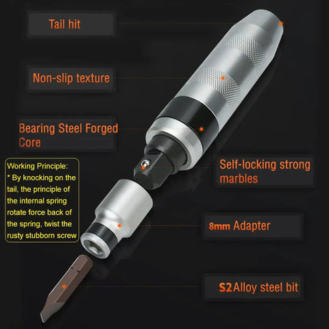 Heavy Duty Impact Driver Bit Set With S2 Alloy Steel Bits And Broken Bolt Extractor, featuring a non-slip handle and 8mm adapter.