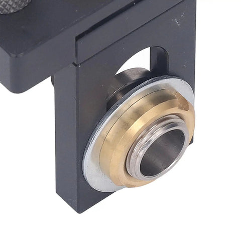 Close-up of Hella Sturdy Aluminum Dowel Jig and Pocket Hole Drill Guide Kit showing alignment holes for precision woodworking.