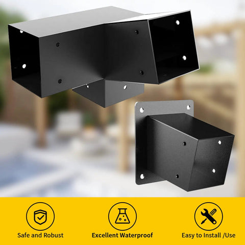 Four Pack 3-Way Slanted Roof Corner Brackets For 4x4 Posts With Wall Mount Base, 30 Degree Right Angle For Pergolas Gazebos Porches, Heavy Duty Galvanized Steel, Matte Black Finish, Rust Resistant, For 3.5x3.5 Lumber