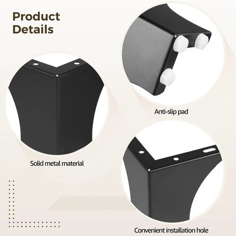 Product details of Heavy Duty Black Metal Furniture Legs Set 8 Pcs for dresser and cabinet, showing anti-slip pad and installation hole.