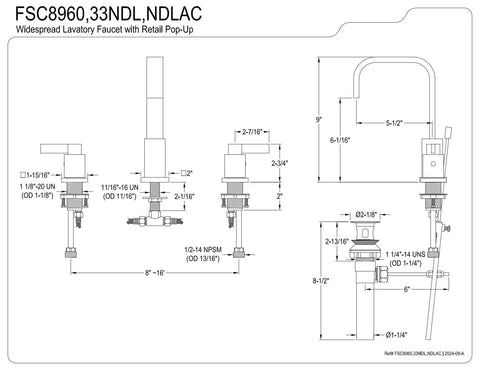 Technical drawing of Matte Black Widespread Bathroom Faucet With Pop Up Drain showing dimensions and parts.