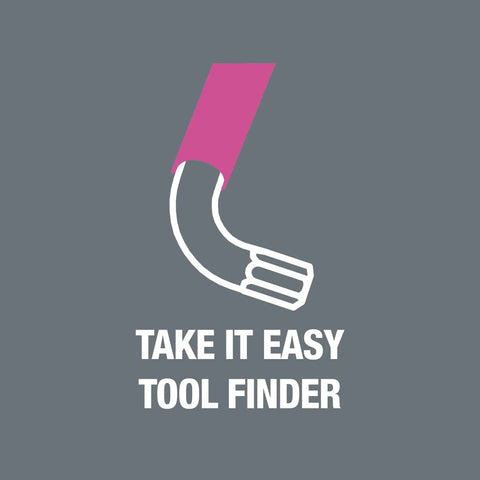 Pink L Key Hex Wrench 3mm With Color Coded Grip Hex Plus illustration with text 'Take It Easy Tool Finder' on gray background