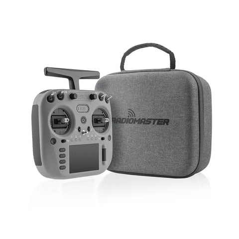 TX15 ExpressLRS Radio Controller With Hall Gimbals, 3.5 Inch IPS Touchscreen, Mode 2, Foldable Antenna, Dual Band 2.4GHz And 900MHz, STM32 H7 Power, Gray, shown with its carrying case