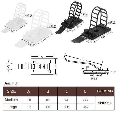 Diagram of Adhesive Cable Clips and Zip Ties Kit With 50Pcs Zip Ties, 50Pcs Clips, Adjustable Nylon Cable Straps dimensions.