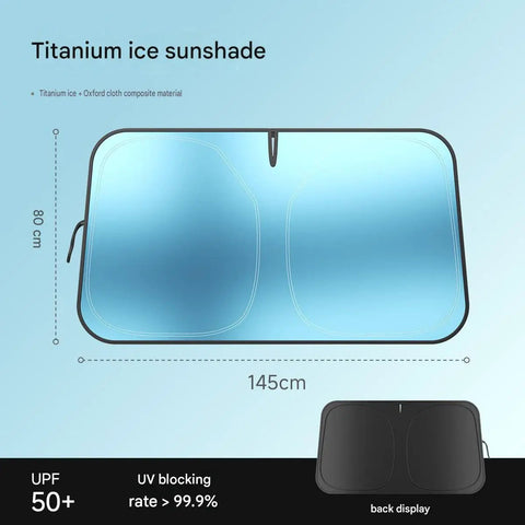 Premium Foldable Front Windshield Sunshade For Tesla Cybertruck And Cyberbeast Blocks Scorching Sunlight with titanium ice material.