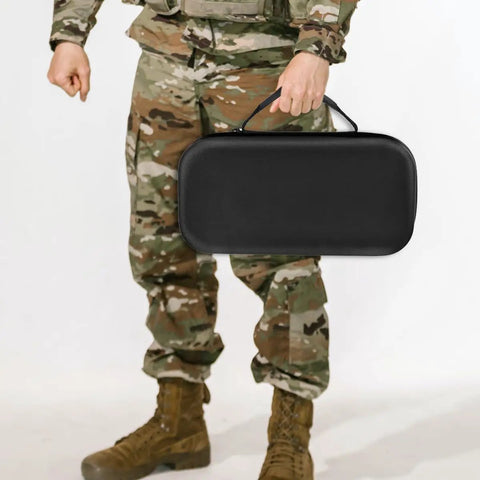 Man holding Beefy Rugged Walkie Talkie Carry Case for Ham Radios with Inner Mesh Pockets, compatible with various Baofeng models